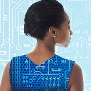 woman wearing graphic computer chip dress